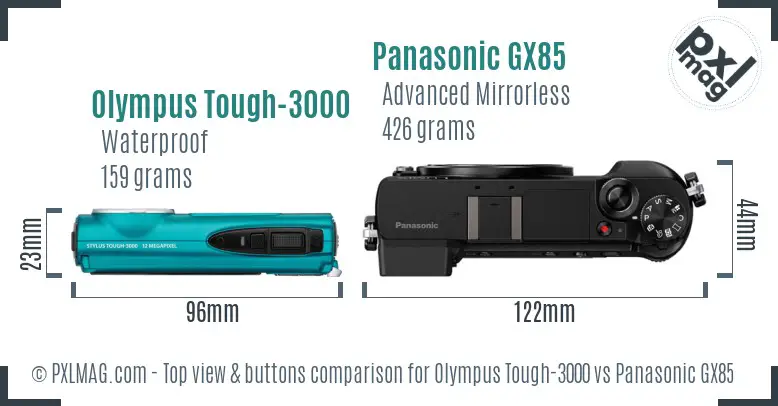 Olympus Tough-3000 vs Panasonic GX85 top view buttons comparison