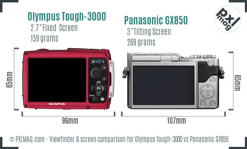 Olympus Tough-3000 vs Panasonic GX850 Screen and Viewfinder comparison