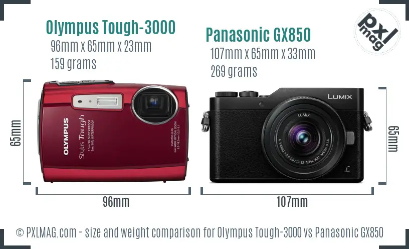 Olympus Tough-3000 vs Panasonic GX850 size comparison