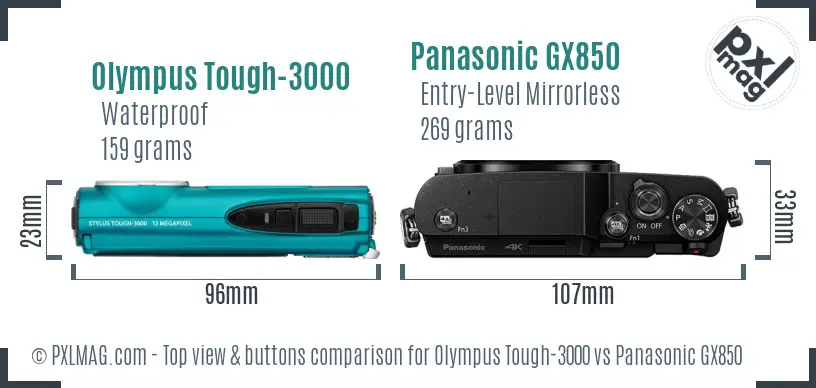 Olympus Tough-3000 vs Panasonic GX850 top view buttons comparison