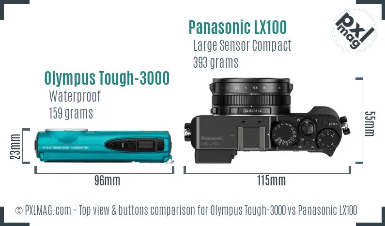 Olympus Tough-3000 vs Panasonic LX100 top view buttons comparison Olympus Tough-3000 vs Panasonic LX100 top view buttons comparison
