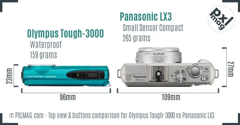 Olympus Tough-3000 vs Panasonic LX3 top view buttons comparison