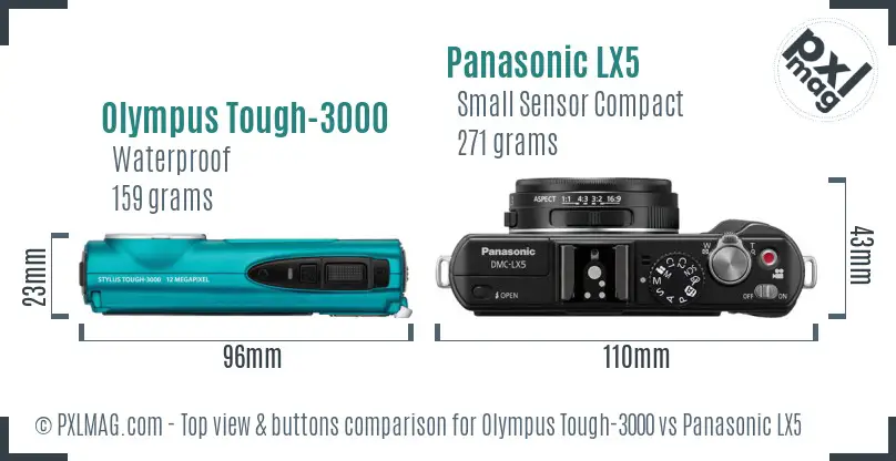 Olympus Tough-3000 vs Panasonic LX5 top view buttons comparison Olympus Tough-3000 vs Panasonic LX5 top view buttons comparison