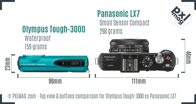 Olympus Tough-3000 vs Panasonic LX7 top view buttons comparison Olympus Tough-3000 vs Panasonic LX7 top view buttons comparison
