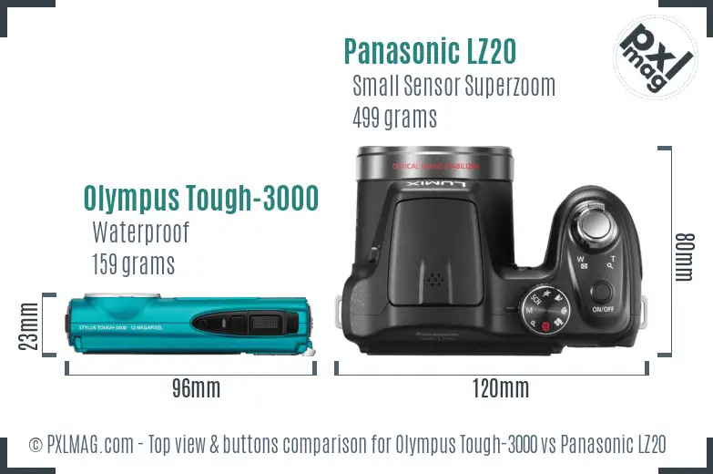 Olympus Tough-3000 vs Panasonic LZ20 top view buttons comparison Olympus Tough-3000 vs Panasonic LZ20 top view buttons comparison