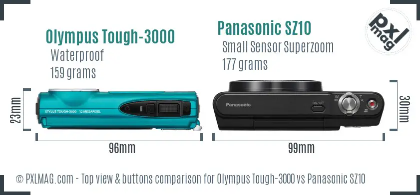 Olympus Tough-3000 vs Panasonic SZ10 top view buttons comparison