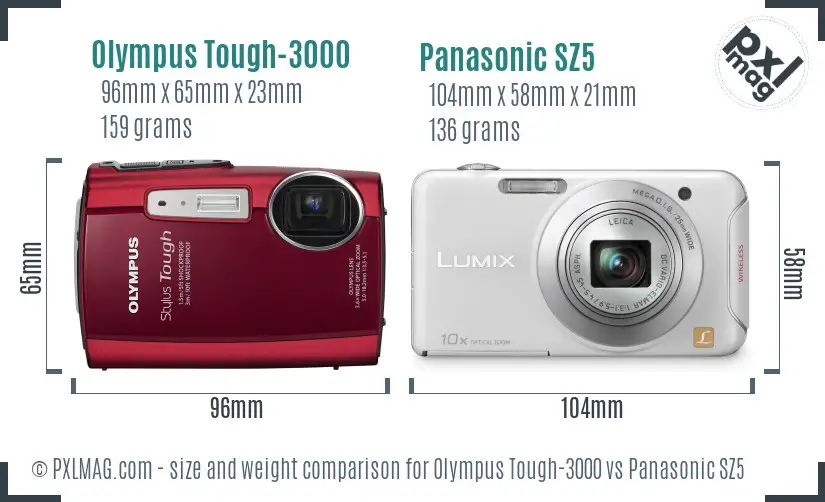 Olympus Tough-3000 vs Panasonic SZ5 size comparison