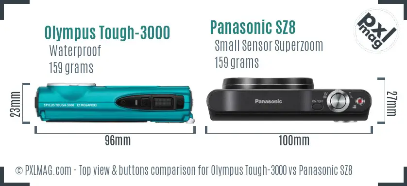 Olympus Tough-3000 vs Panasonic SZ8 top view buttons comparison