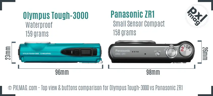 Olympus Tough-3000 vs Panasonic ZR1 top view buttons comparison