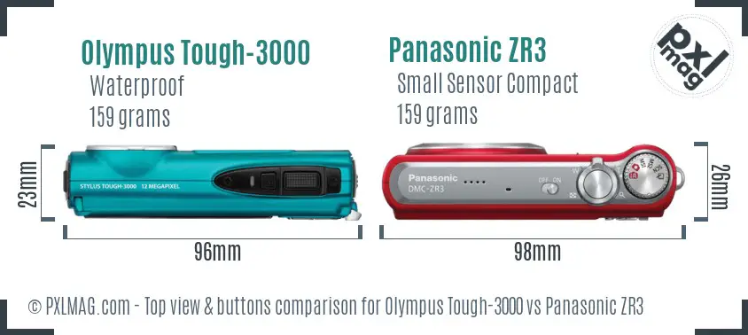 Olympus Tough-3000 vs Panasonic ZR3 top view buttons comparison