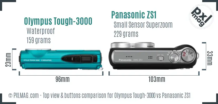 Olympus Tough-3000 vs Panasonic ZS1 top view buttons comparison
