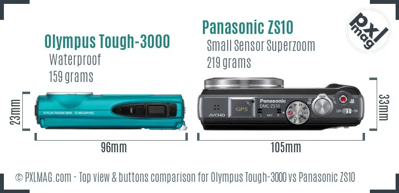 Olympus Tough-3000 vs Panasonic ZS10 top view buttons comparison