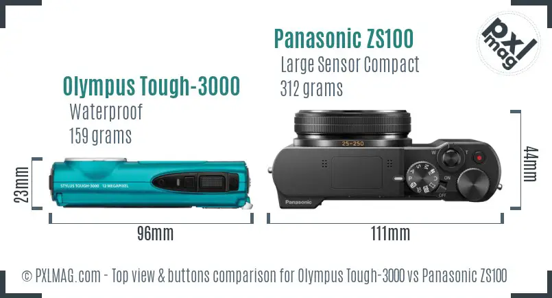 Olympus Tough-3000 vs Panasonic ZS100 top view buttons comparison