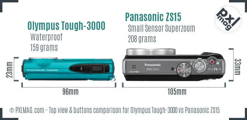 Olympus Tough-3000 vs Panasonic ZS15 top view buttons comparison