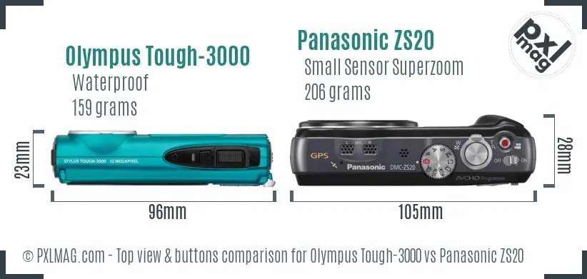 Olympus Tough-3000 vs Panasonic ZS20 top view buttons comparison