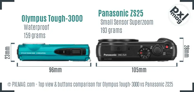 Olympus Tough-3000 vs Panasonic ZS25 top view buttons comparison