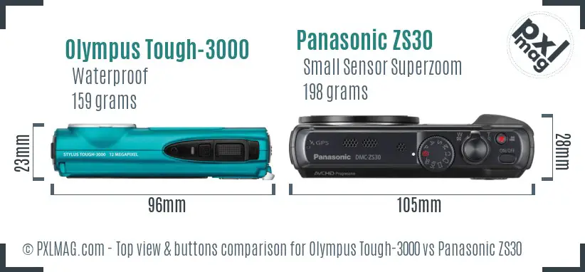 Olympus Tough-3000 vs Panasonic ZS30 top view buttons comparison