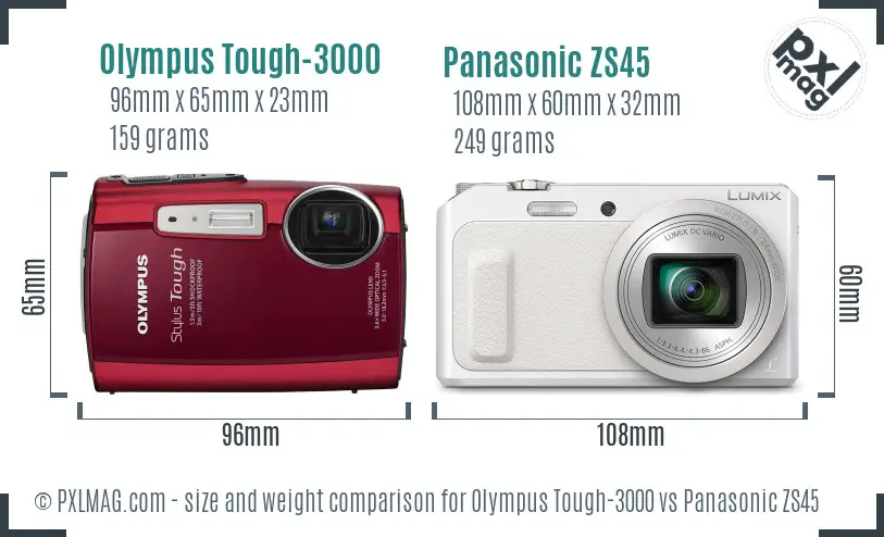 Olympus Tough-3000 vs Panasonic ZS45 size comparison