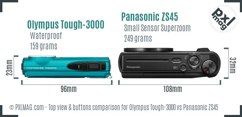 Olympus Tough-3000 vs Panasonic ZS45 top view buttons comparison