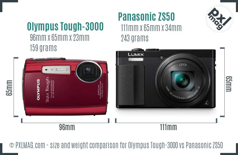 Olympus Tough-3000 vs Panasonic ZS50 size comparison