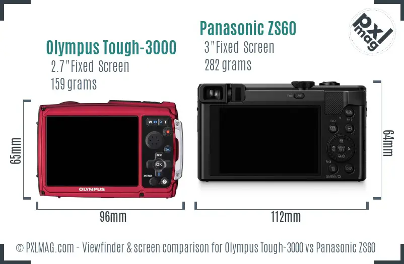 Olympus Tough-3000 vs Panasonic ZS60 Screen and Viewfinder comparison