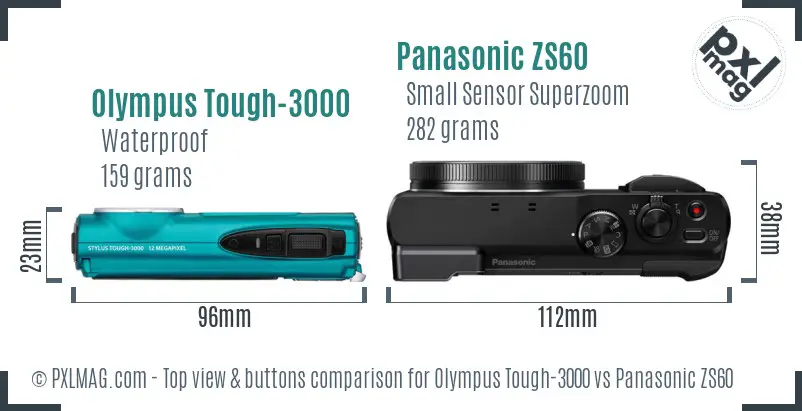 Olympus Tough-3000 vs Panasonic ZS60 top view buttons comparison