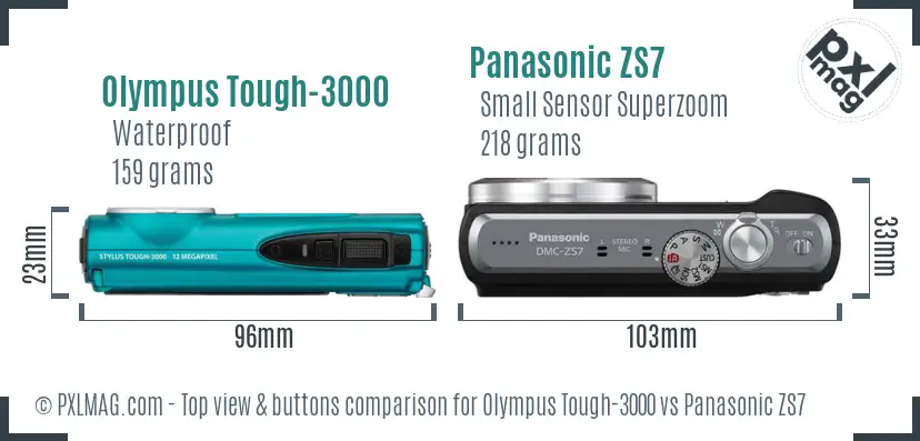 Olympus Tough-3000 vs Panasonic ZS7 top view buttons comparison