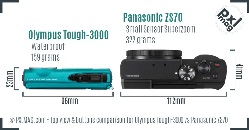 Olympus Tough-3000 vs Panasonic ZS70 top view buttons comparison