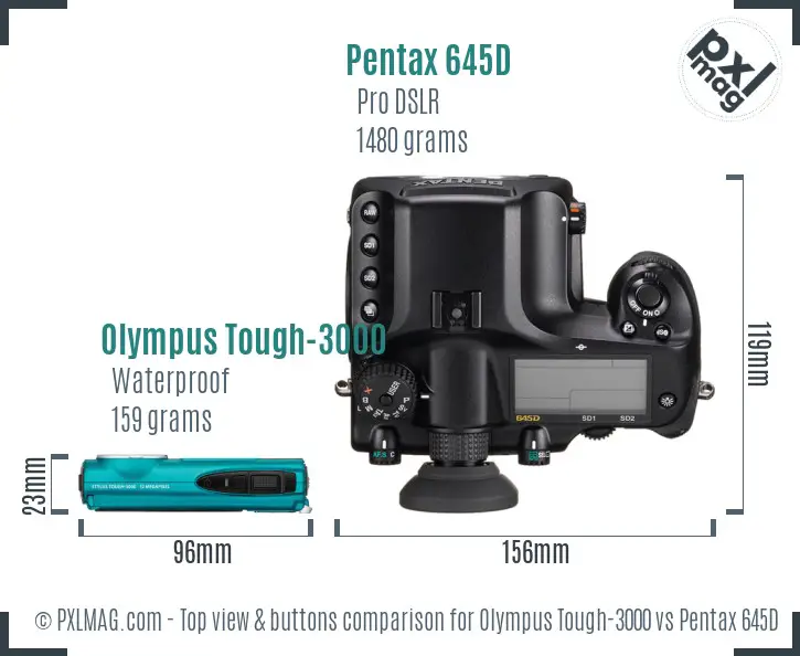 Olympus Tough-3000 vs Pentax 645D top view buttons comparison