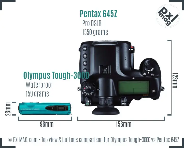 Olympus Tough-3000 vs Pentax 645Z top view buttons comparison