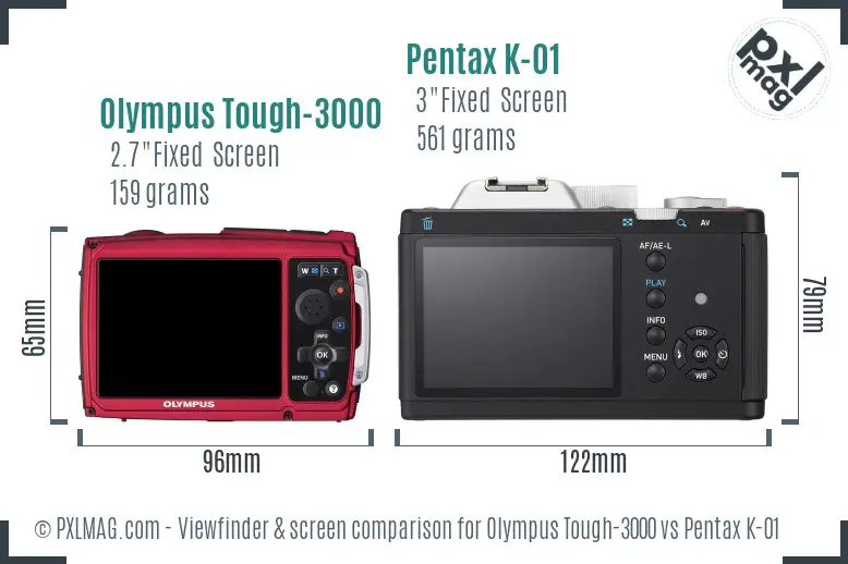 Olympus Tough-3000 vs Pentax K-01 Screen and Viewfinder comparison