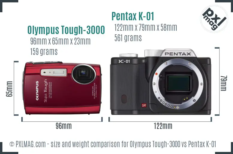 Olympus Tough-3000 vs Pentax K-01 size comparison