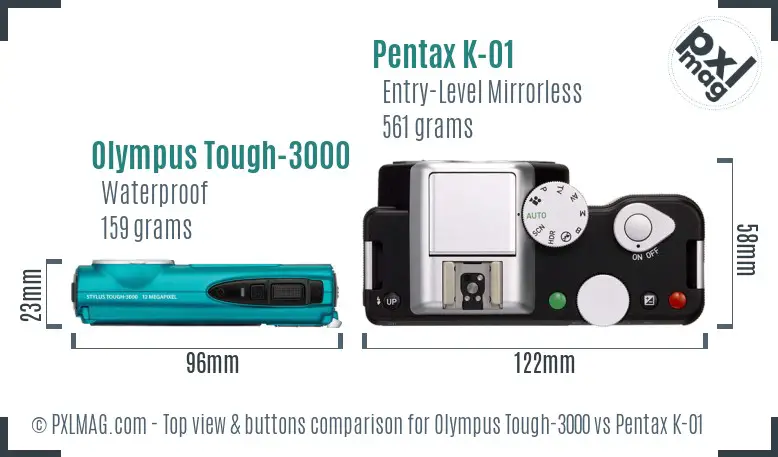 Olympus Tough-3000 vs Pentax K-01 top view buttons comparison