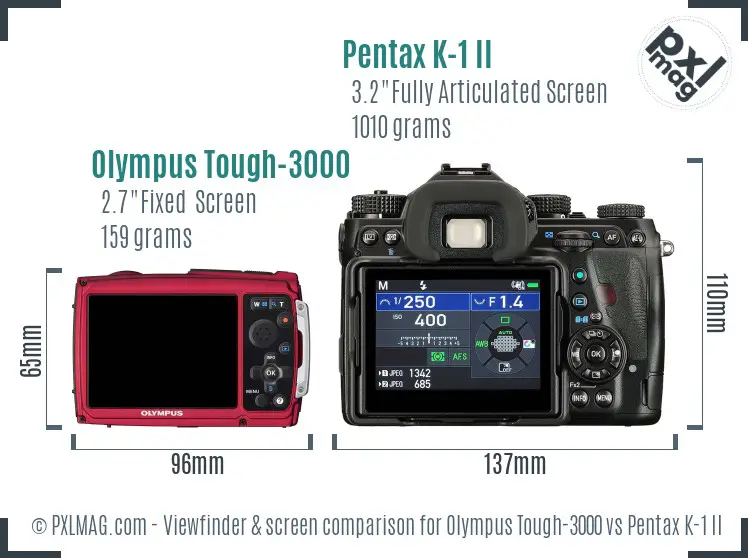 Olympus Tough-3000 vs Pentax K-1 II Screen and Viewfinder comparison