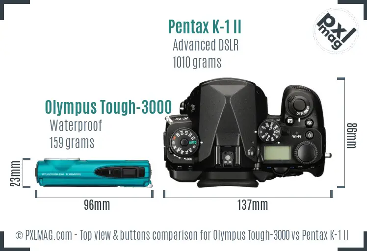 Olympus Tough-3000 vs Pentax K-1 II top view buttons comparison