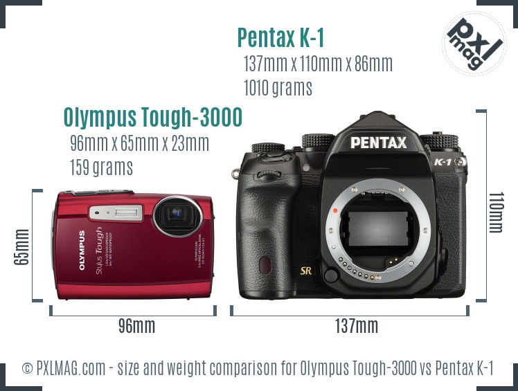 Olympus Tough-3000 vs Pentax K-1 size comparison