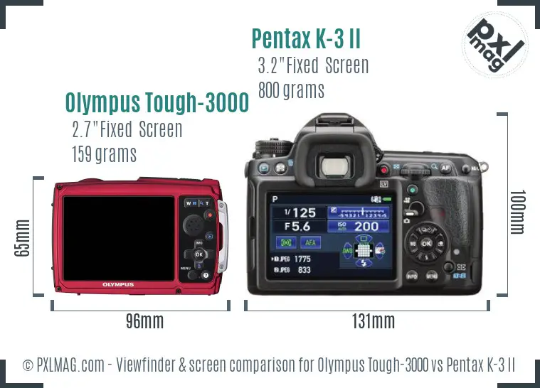 Olympus Tough-3000 vs Pentax K-3 II Screen and Viewfinder comparison