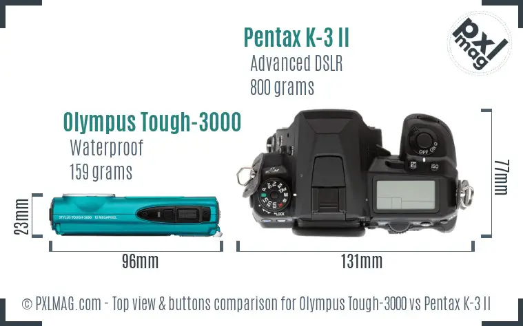 Olympus Tough-3000 vs Pentax K-3 II top view buttons comparison