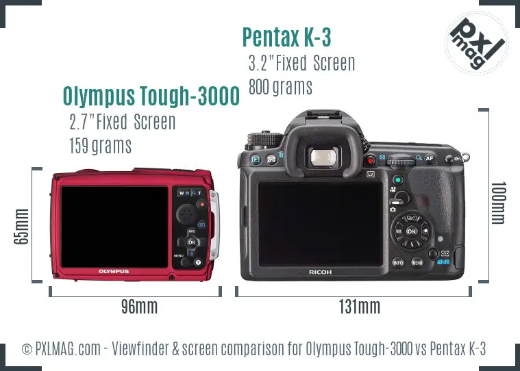 Olympus Tough-3000 vs Pentax K-3 Screen and Viewfinder comparison