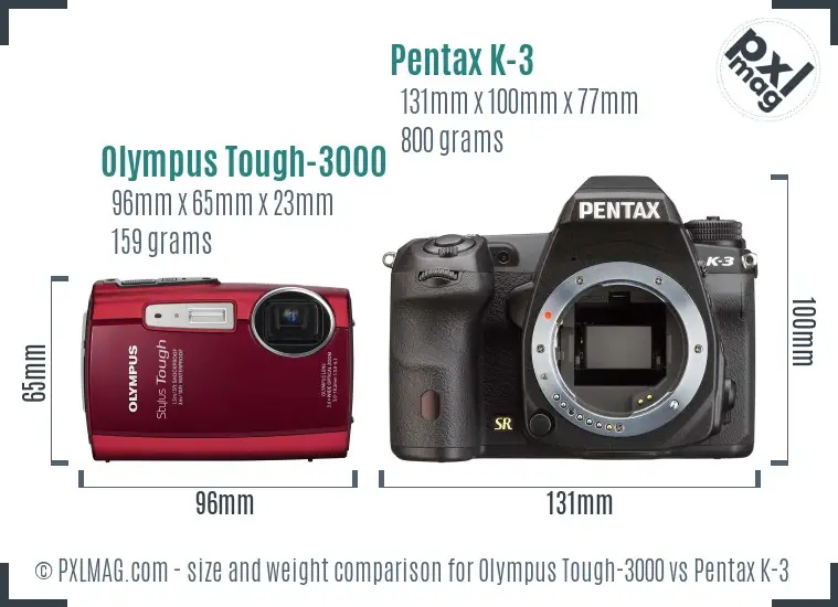 Olympus Tough-3000 vs Pentax K-3 size comparison