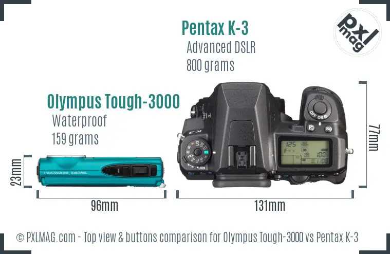 Olympus Tough-3000 vs Pentax K-3 top view buttons comparison