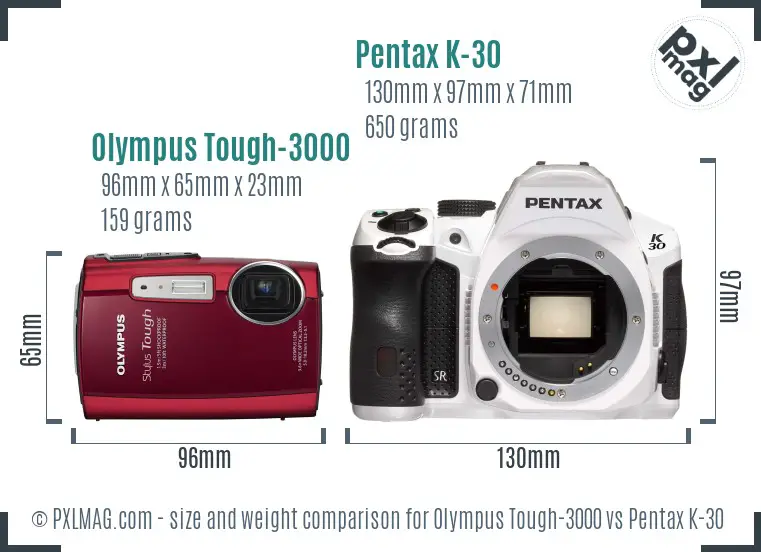 Olympus Tough-3000 vs Pentax K-30 size comparison