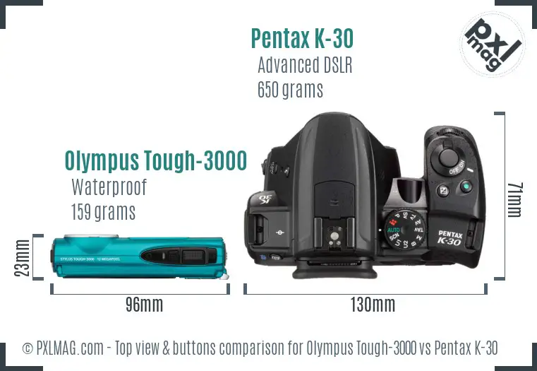 Olympus Tough-3000 vs Pentax K-30 top view buttons comparison