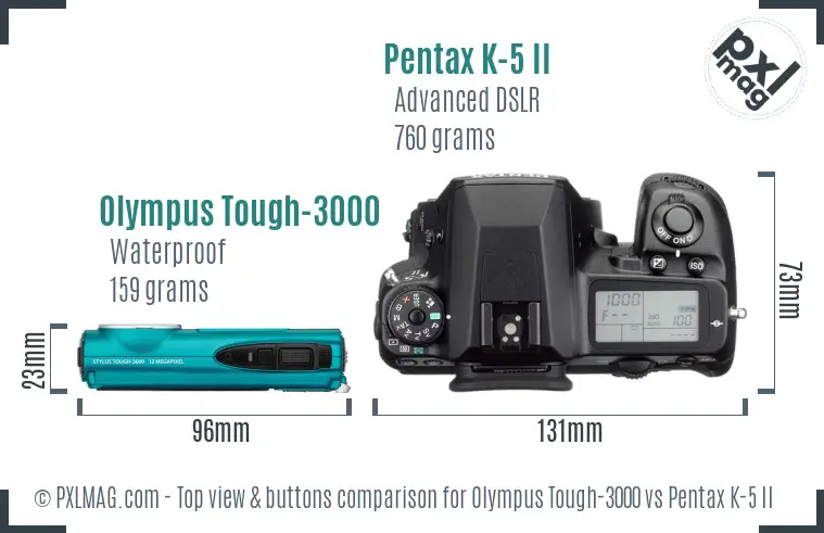 Olympus Tough-3000 vs Pentax K-5 II top view buttons comparison