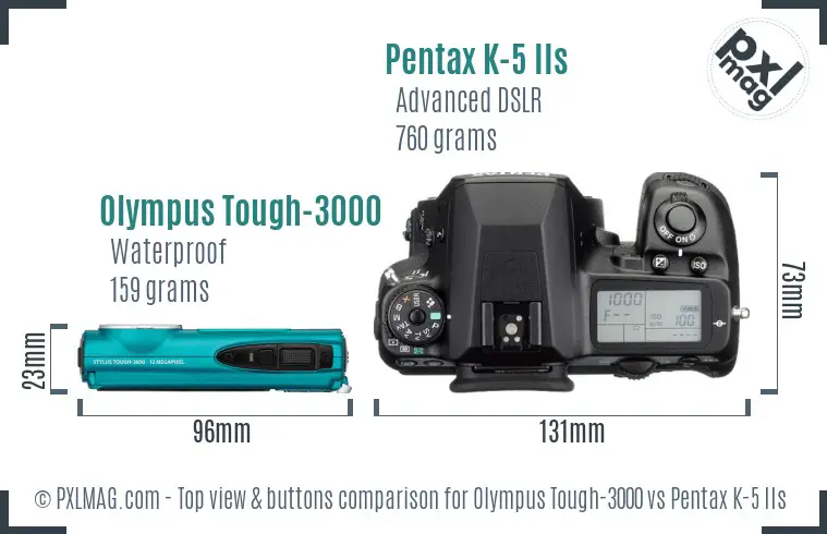 Olympus Tough-3000 vs Pentax K-5 IIs top view buttons comparison