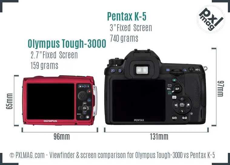 Olympus Tough-3000 vs Pentax K-5 Screen and Viewfinder comparison