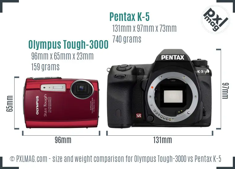 Olympus Tough-3000 vs Pentax K-5 size comparison