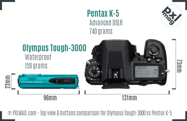 Olympus Tough-3000 vs Pentax K-5 top view buttons comparison