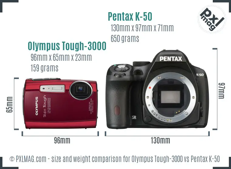 Olympus Tough-3000 vs Pentax K-50 size comparison