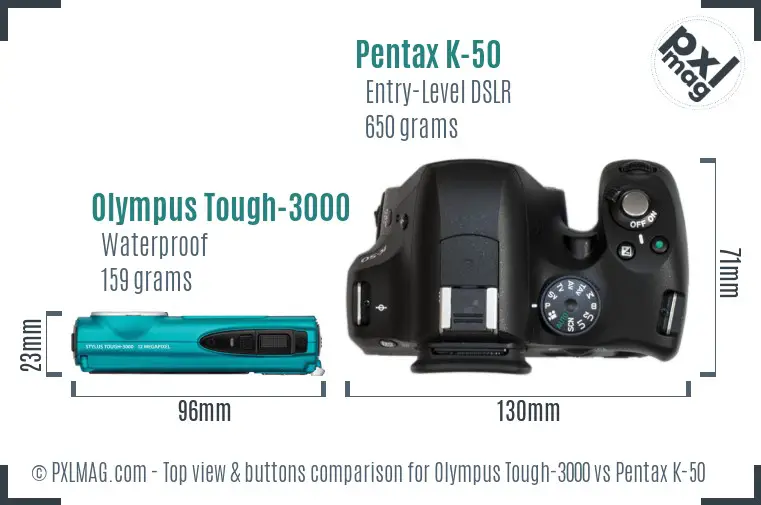 Olympus Tough-3000 vs Pentax K-50 top view buttons comparison